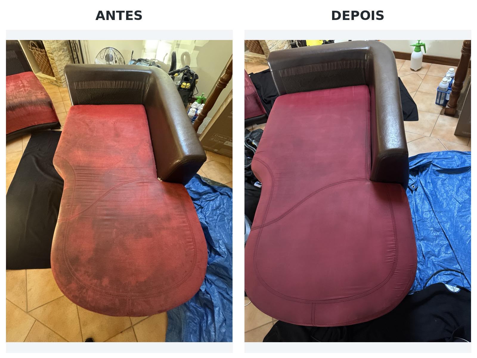 Antes e depois da limpeza de uma chaise longue bordeaux