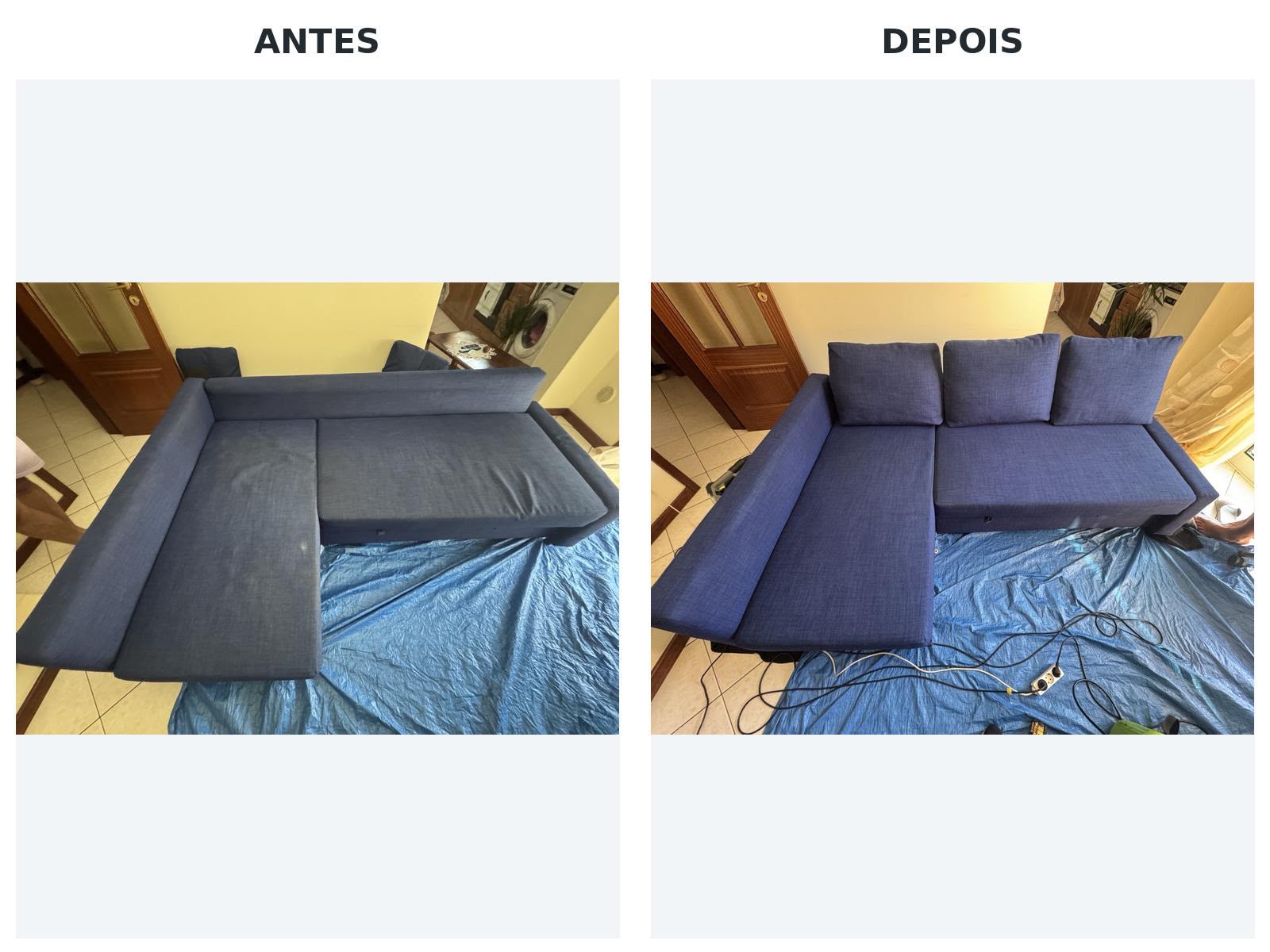Antes e depois da limpeza de um sofá azul com chaise longue