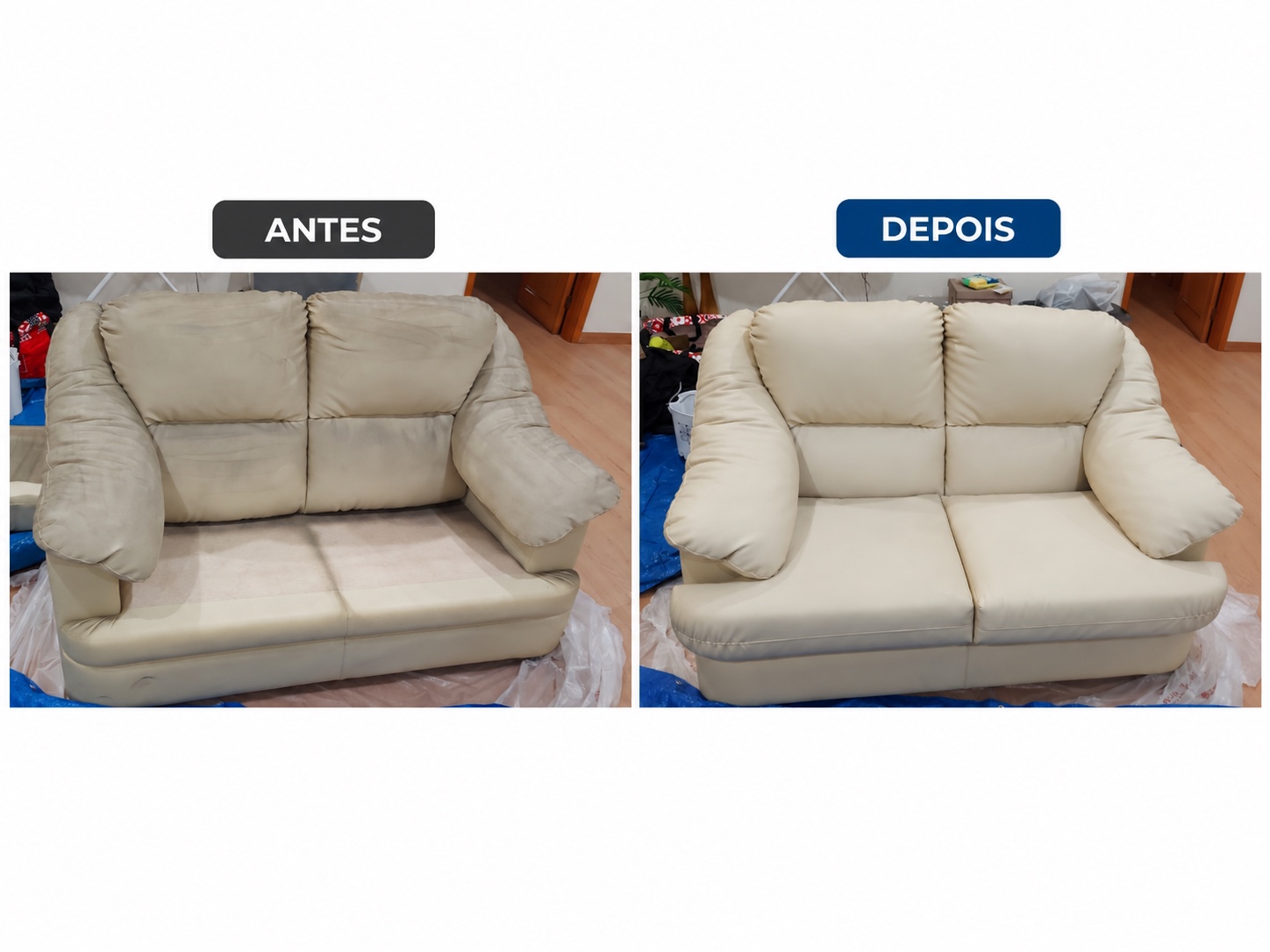 Antes e depois da limpeza de um sofá bege de dois lugares