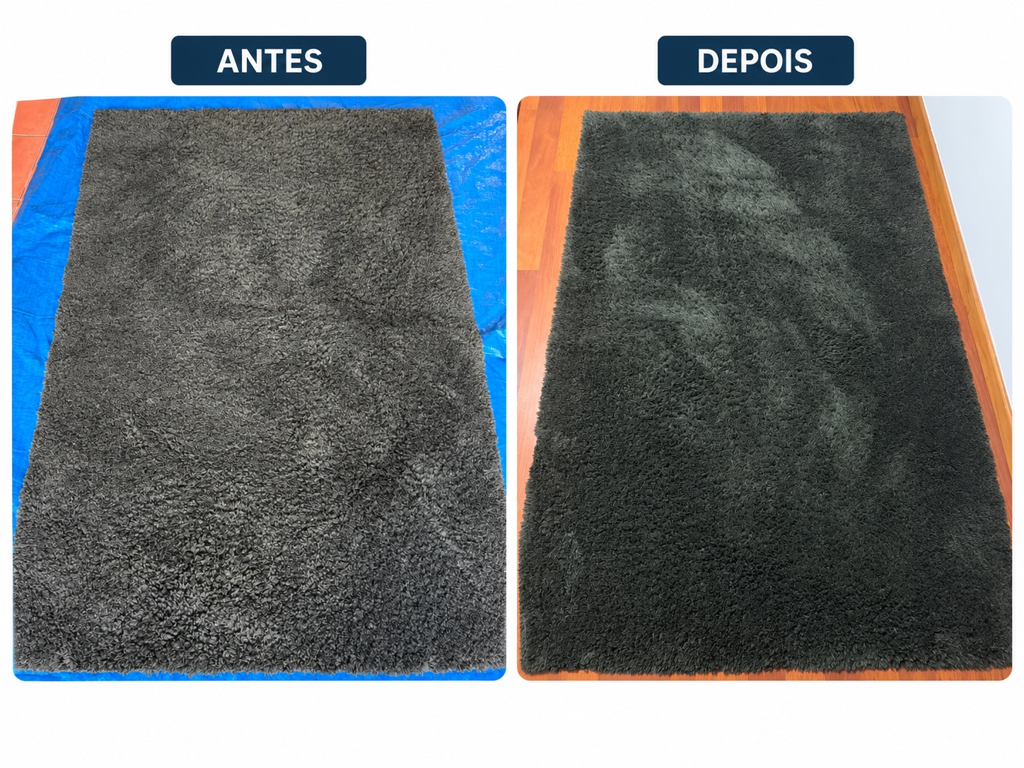 Antes e depois da limpeza de um tapete escuro retangular