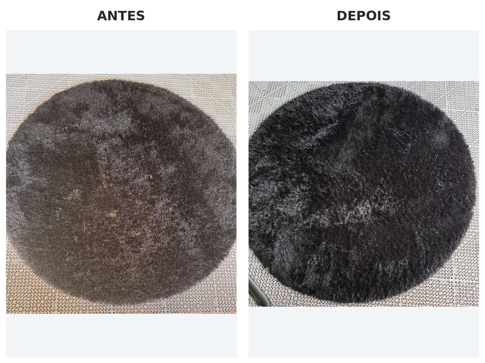 Antes e depois da limpeza de um tapete redondo escuro